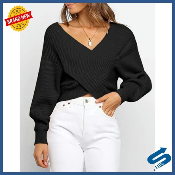 Off Shoulder Ribbed Knit Wrap Cropped Sweater Long Sleeve Loose Fit - Picture 7 of 8